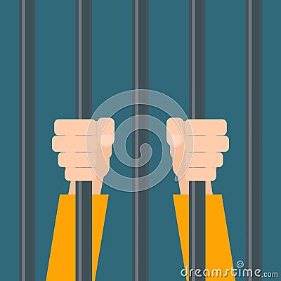 Hands of prisoner behind bars. Vector Illustration