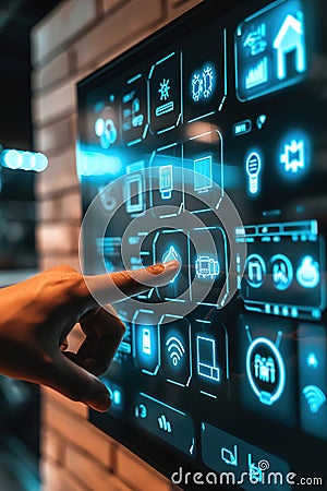 Hands programming or setting up smart home automation. Smart control panel display Stock Photo