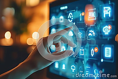 Hands programming or setting up smart home automation. Smart control panel display Stock Photo