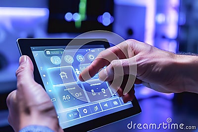 Hands programming or setting up smart home automation. Smart control panel display Stock Photo