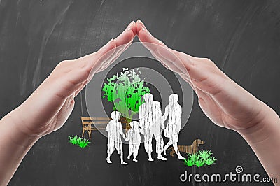 Hands protecting family silhouettes Cartoon Illustration