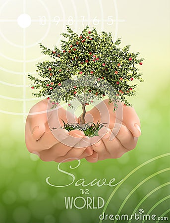 Hands protecting of green tree on green background, Ecology and Environment concept. Cartoon Illustration