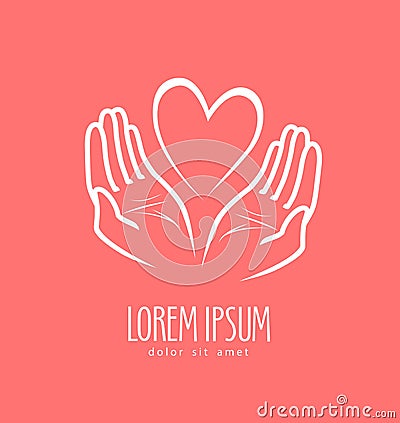 Hands protecting heart. Charity, donation vector logo or symbol Vector Illustration