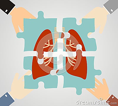 Hands putting human lungs puzzle pieces together. pulmonology an Vector Illustration