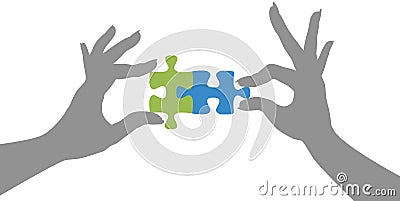 Hands puzzle pieces together solution Vector Illustration