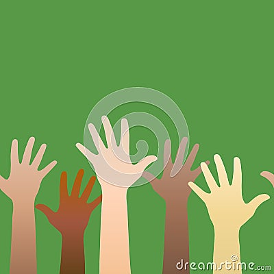 Hands raised up. Concept of volunteerism, multi-ethnicity, equal Vector Illustration