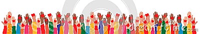 Hands raised up hold hearts, share compassion and hope with those in need. Multinational palms of human hands give Vector Illustration