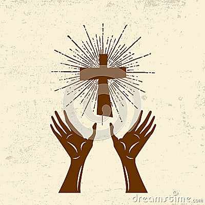 Hands raised up, worship of the Lord Jesus Christ Vector Illustration