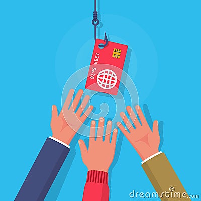 Hands reach for a credit card. Vector Illustration
