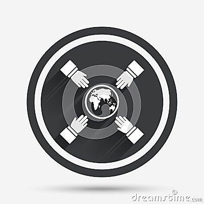 Hands reach for earth sign icon. Save planet. Vector Illustration