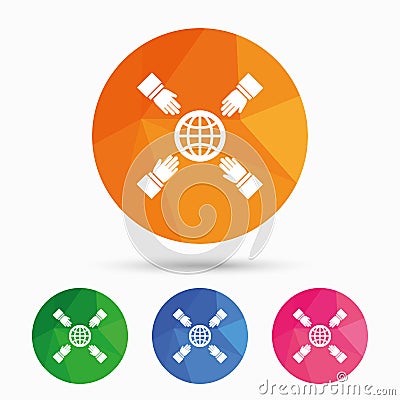 Hands reach for earth sign icon. Save planet. Vector Illustration