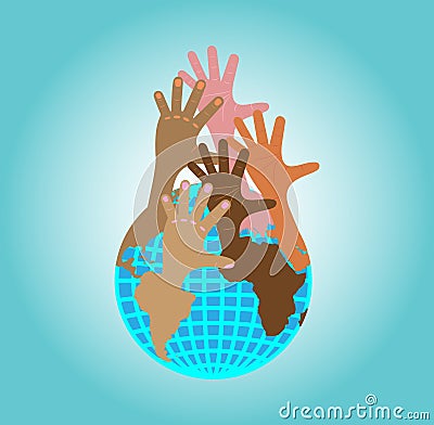 Hands reach up from the Globe Vector Illustration