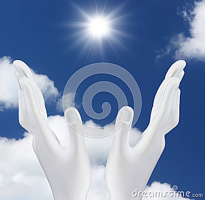 Hands reaching out the sun Stock Photo