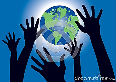 Hands reaching for the World globe Vector Illustration