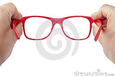 Hands Red Spectacles Focusing Isolated Stock Photo