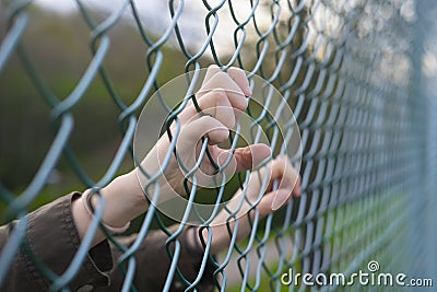 Hands of a refugee woman on a wire fence Stock Photo