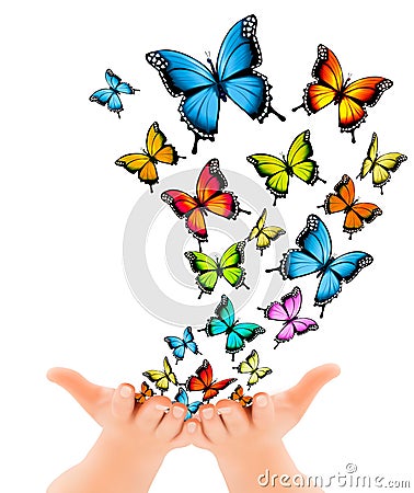 Hands releasing butterflies. Vector Illustration