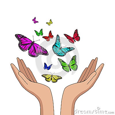 Hands releasing colorful monarch butterflies. Vector illustration Cartoon Illustration