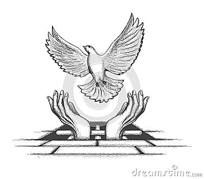 Hands Releasing Dove From Jail Tattoo Vector Illustration