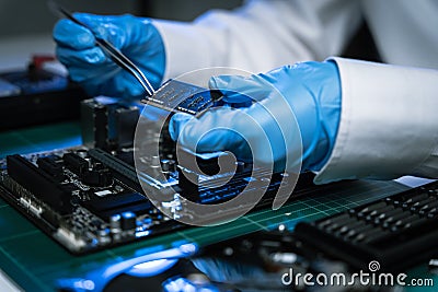 Hands repairing electronic devices. Electronic technician Stock Photo