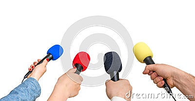 Hands of reporters with many microphones isolated on white Stock Photo
