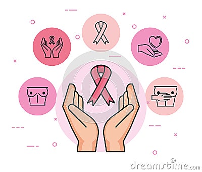 Hands with ribbon with breast cancer icons Vector Illustration
