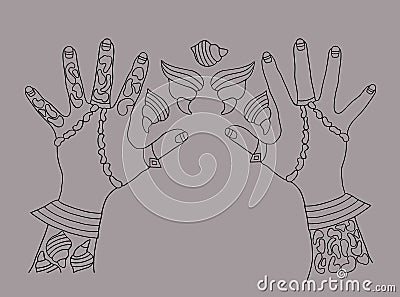 Hands with rings, baroque pearls, shells, animal print isolated on grey. Hand painted fashion illustration, stylish jewelry. Cartoon Illustration