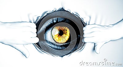 Hands ripping away white to reveal eyeball Stock Photo