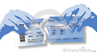 Hands ripping a plane ticket. Flight cancelled concept image with ripped flight ticket - The image is totally invented and does Stock Photo