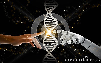 The hands of a robot and a human are about to touch on DNA to connect and create a miracle for the future. Science and innovation Stock Photo