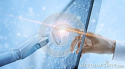 Hand of robot and human touching on global virtual network Stock Photo