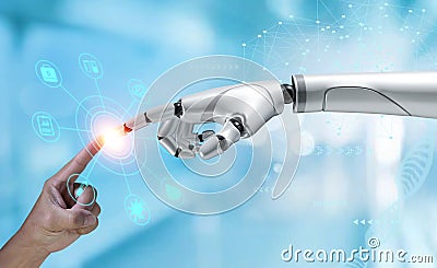 Hands of robot and human touching medical healthcare practices operation surgical, with performance with graphical icon display. Stock Photo