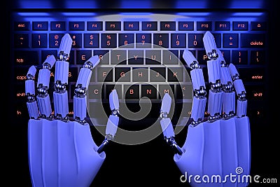 Hands of robot typing on keypad. Robotic cyborg hand using keyboard computer. 3d render realistic illustration. Top view Cartoon Illustration
