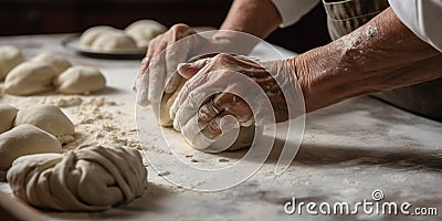 Hands roll out freshly made dough to create homemade pasta, following a time-honored family recipe, concept of Stock Photo