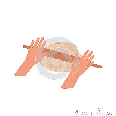 Hands with rolling pin. Roll dough icon. Homemade baking. Making pastry. Instruction for baking recipe. Dessert Vector Illustration