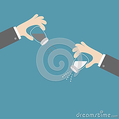 Hands with salt, pepper shaker. Vector Illustration
