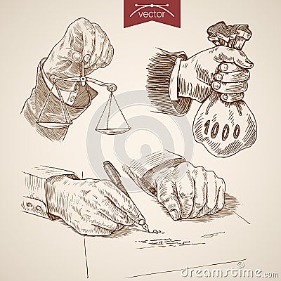 Hands scales money writing engraving lineart vector vintage Vector Illustration