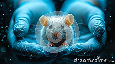 Hands of scientist gently holds a mouse for an experiment in a laboratory. Generative Ai Stock Photo
