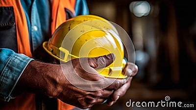 Hands securely clasp a yellow hard hat, construction professional. Generative AI Stock Photo