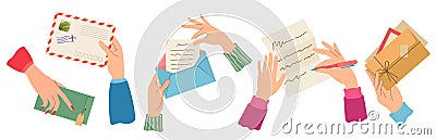 Hands sending letter. Female hand holding envelopes with stamps, write and read paper letters. Trendy post cards, mail Vector Illustration