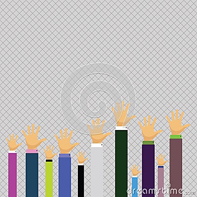 Hands of Several Businessmen Raising Up Above the Head Palm Facing Front. Creative Background Idea for Election Voting Vector Illustration