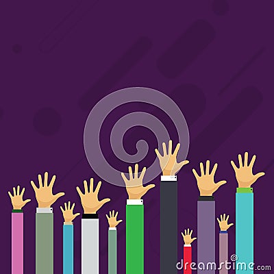 Hands of Several Businessmen Raising Up Above the Head Palm Facing Front. Creative Background Idea for Election Voting Vector Illustration