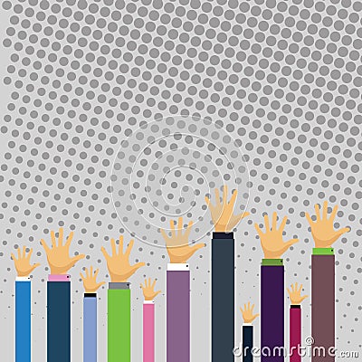 Hands of Several Businessmen Raising Up Above the Head Palm Facing Front. Creative Background Idea for Election Voting Vector Illustration