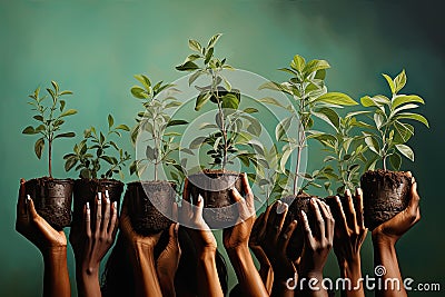 The hands of several people hold pieces of earth with sprouted green plants on a green background. The concept of ecology Stock Photo