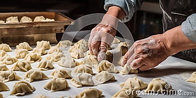 Hands shape a doughy mixture into perfect dumplings, following a precise folding technique, concept of Traditional Stock Photo