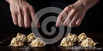 Hands shape a doughy mixture into perfect dumplings, following a precise folding technique, concept of Traditional Stock Photo