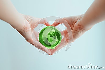 Hands in shape of heart holding green glass globe of South and North America Stock Photo