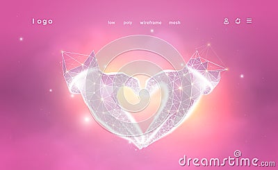 Hands of shape Heart. Low poly wireframe. Gesture hands. Love symbol. Plexus lines and points in the constellation. Vector Illustration