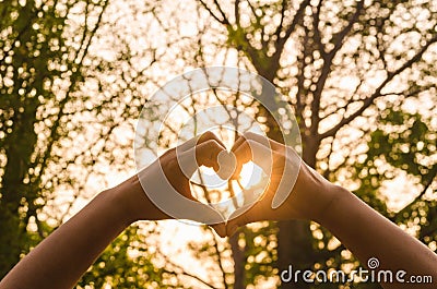 Hands in shape of love heart and sunshine Stock Photo