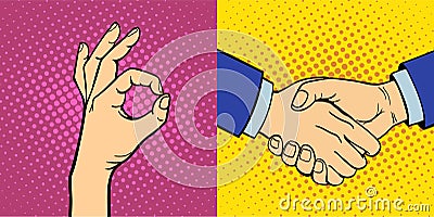 Hands showing deaf-mute different gestures human arm hold communication and direction design fist touch pop art style Vector Illustration